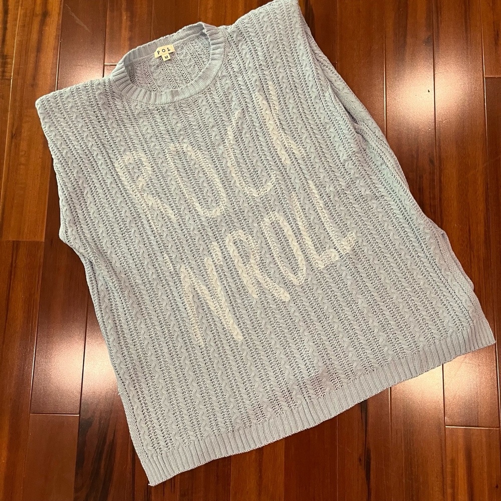 POL Light Blue Sweater Vest Shoulder Pads Knit Rock and Roll Graphic Boho Size M